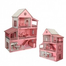 Ahşap Pembe Ev Eşyalı 14 Parça Set