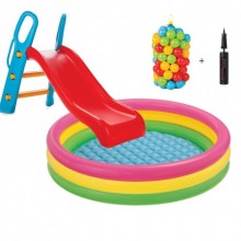 Pilsan Kaydıraklı Oyun Havuzu 147 Cm Şişme Tabanlı Havuz + 6 cm 100'lü Oyun Havuz Topu + Pompa