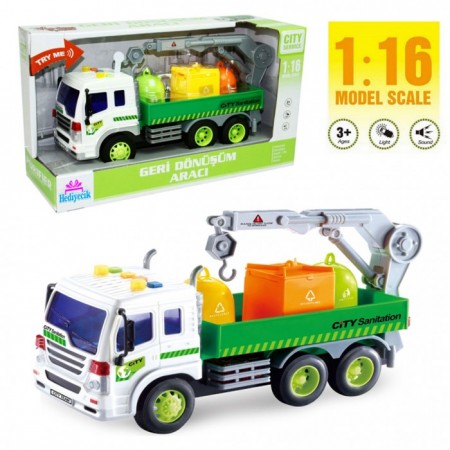 Oyuncak 1:16 Sesli ve Işıklı Vinçli Geri Dönüşüm Aracı Çöp Kamyonu