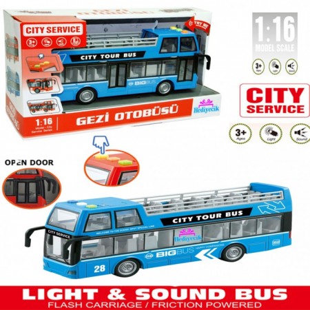 Oyuncak 1:16 Sesli ve Işıklı Çift Katlı Gezi Otobüsü Mavi