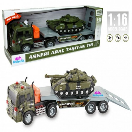 Oyuncak 1:16 Sesli Işıklı Askeri Çekici Tır ve Askeri Tank