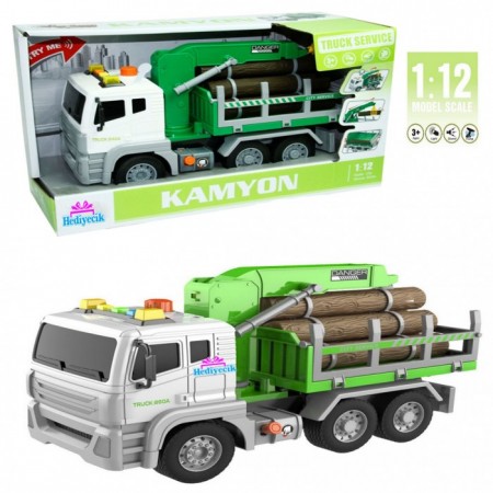 Oyuncak 1:12 Sesli ve Işıklı Vinçli Kütük Taşıyıcı Kamyon