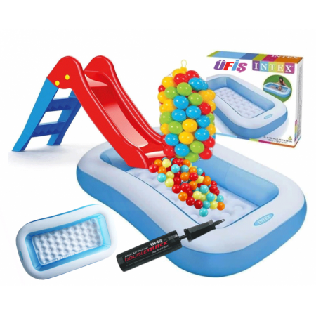 İntex Yumuşak Tabanlı Şişme Oyun Havuzu Kaydırak 100 Adet Oyun Topu Pompa Set