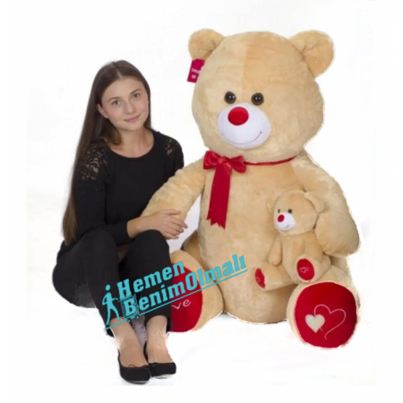 Peluş Dev Yavrulu Tıkıl Ayıcık 100 Cm Kahve Renk 35 Cm 