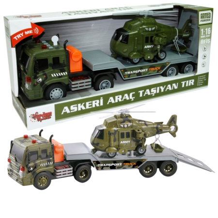Oyuncak 1:16 Sesli Işıklı Askeri Çekici Tır ve Askeri Helikopter