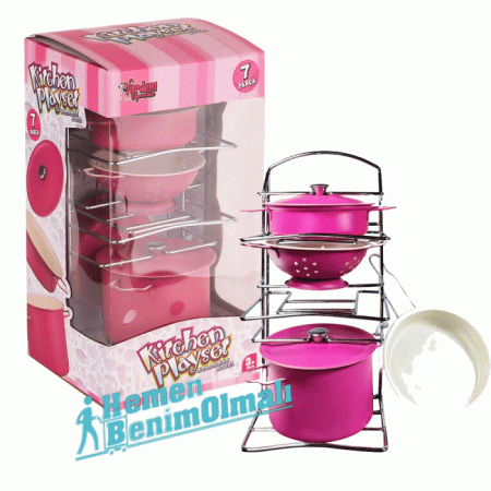 Oyuncak Emaye Tencere Tava Raflı Pembe Seti 7 Parça 